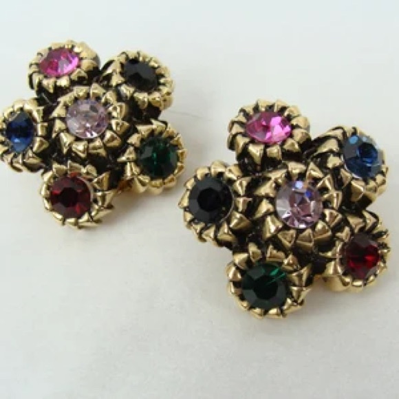 Vintage Chunky Etruscan Blanca Jeweled Crystal Oversized Button Clip Earrings - Picture 2 of 5